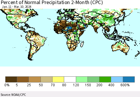 World Percent of Normal Precipitation 2-Month (CPC) Thematic Map For 1/11/2024 - 3/10/2024