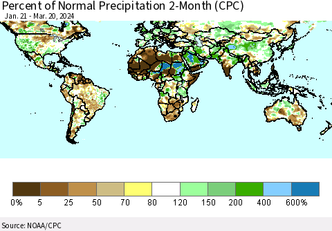 World Percent of Normal Precipitation 2-Month (CPC) Thematic Map For 1/21/2024 - 3/20/2024