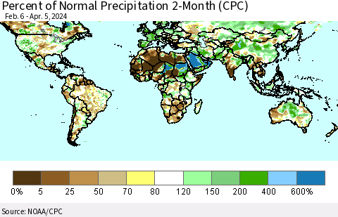 World Percent of Normal Precipitation 2-Month (CPC) Thematic Map For 2/6/2024 - 4/5/2024