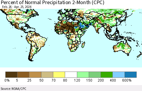 World Percent of Normal Precipitation 2-Month (CPC) Thematic Map For 2/26/2024 - 4/25/2024