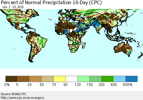 World Percent of Normal Precipitation 10-Day (CPC) Thematic Map For 1/1/2022 - 1/10/2022