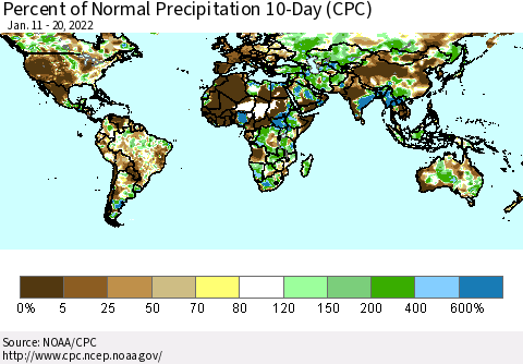 World Percent of Normal Precipitation 10-Day (CPC) Thematic Map For 1/11/2022 - 1/20/2022