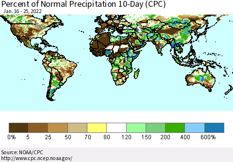 World Percent of Normal Precipitation 10-Day (CPC) Thematic Map For 1/16/2022 - 1/25/2022