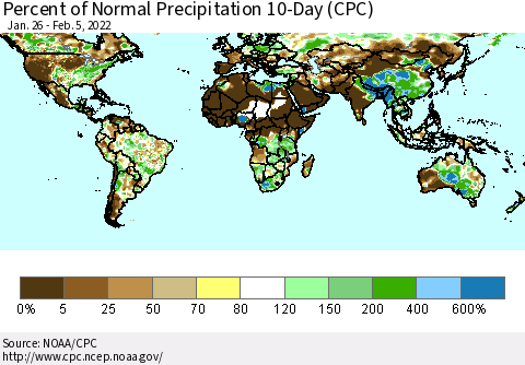 World Percent of Normal Precipitation 10-Day (CPC) Thematic Map For 1/26/2022 - 2/5/2022