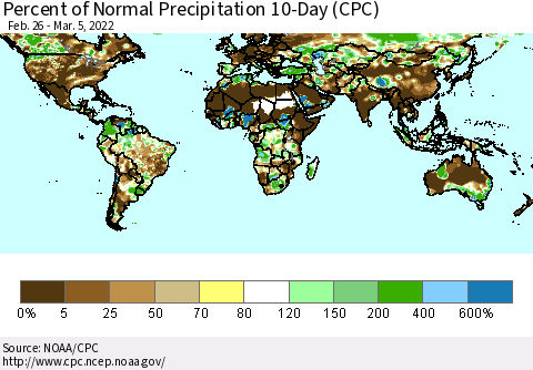 World Percent of Normal Precipitation 10-Day (CPC) Thematic Map For 2/26/2022 - 3/5/2022