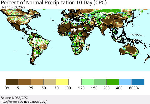 World Percent of Normal Precipitation 10-Day (CPC) Thematic Map For 3/1/2022 - 3/10/2022