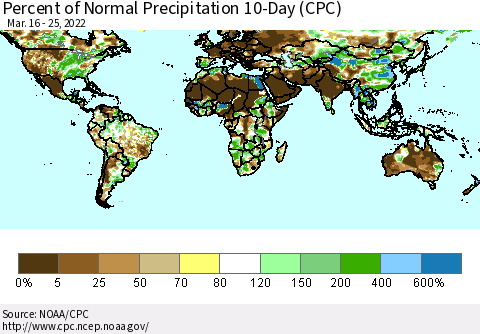 World Percent of Normal Precipitation 10-Day (CPC) Thematic Map For 3/16/2022 - 3/25/2022
