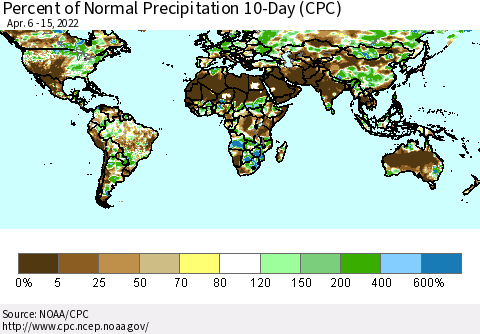 World Percent of Normal Precipitation 10-Day (CPC) Thematic Map For 4/6/2022 - 4/15/2022