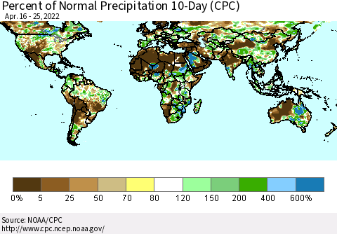 World Percent of Normal Precipitation 10-Day (CPC) Thematic Map For 4/16/2022 - 4/25/2022