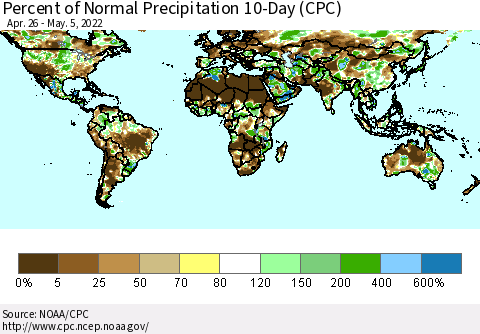 World Percent of Normal Precipitation 10-Day (CPC) Thematic Map For 4/26/2022 - 5/5/2022