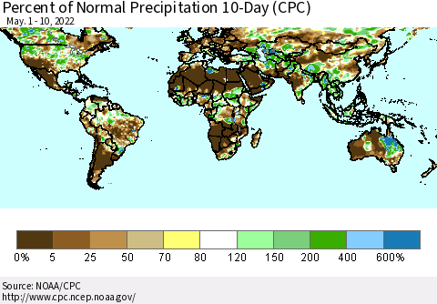 World Percent of Normal Precipitation 10-Day (CPC) Thematic Map For 5/1/2022 - 5/10/2022