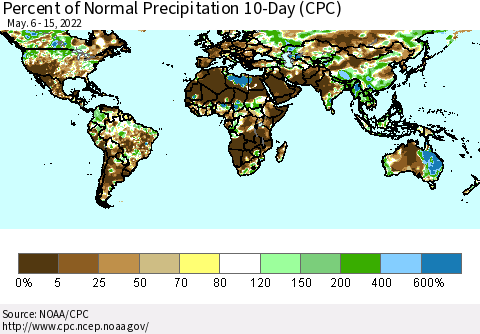 World Percent of Normal Precipitation 10-Day (CPC) Thematic Map For 5/6/2022 - 5/15/2022
