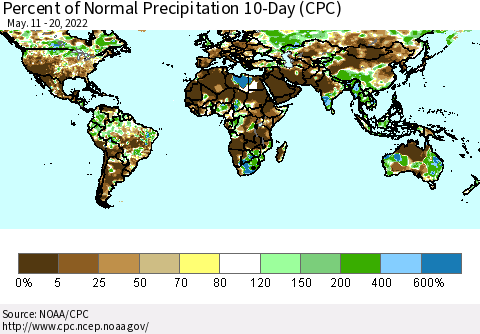 World Percent of Normal Precipitation 10-Day (CPC) Thematic Map For 5/11/2022 - 5/20/2022