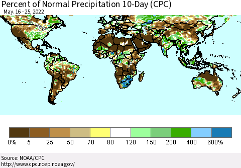 World Percent of Normal Precipitation 10-Day (CPC) Thematic Map For 5/16/2022 - 5/25/2022