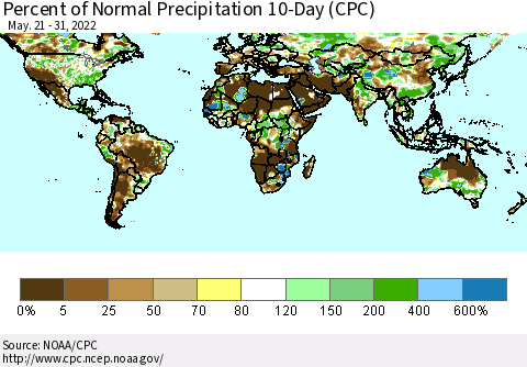 World Percent of Normal Precipitation 10-Day (CPC) Thematic Map For 5/21/2022 - 5/31/2022