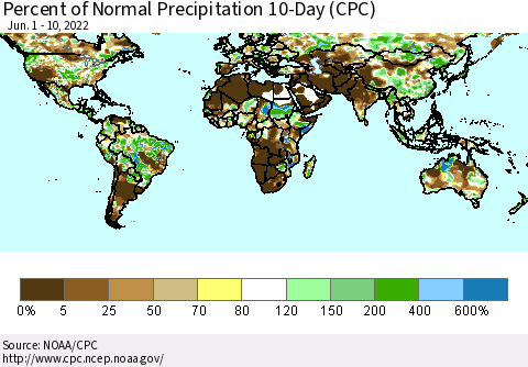 World Percent of Normal Precipitation 10-Day (CPC) Thematic Map For 6/1/2022 - 6/10/2022