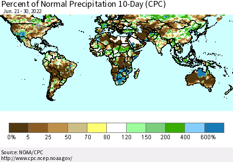 World Percent of Normal Precipitation 10-Day (CPC) Thematic Map For 6/21/2022 - 6/30/2022