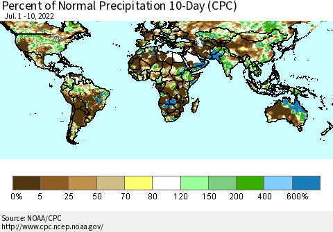 World Percent of Normal Precipitation 10-Day (CPC) Thematic Map For 7/1/2022 - 7/10/2022