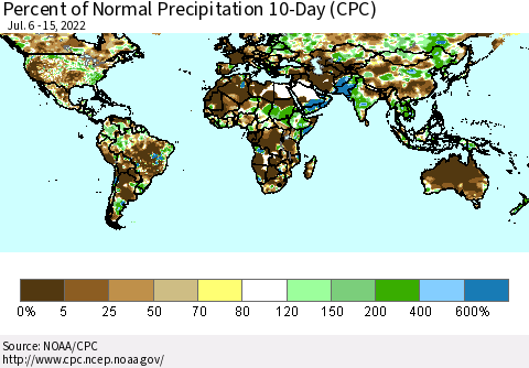 World Percent of Normal Precipitation 10-Day (CPC) Thematic Map For 7/6/2022 - 7/15/2022