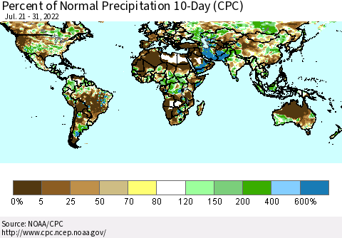 World Percent of Normal Precipitation 10-Day (CPC) Thematic Map For 7/21/2022 - 7/31/2022