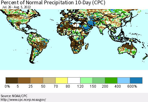 World Percent of Normal Precipitation 10-Day (CPC) Thematic Map For 7/26/2022 - 8/5/2022