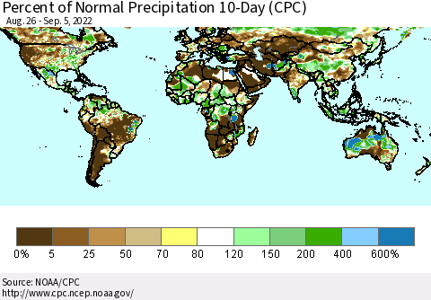 World Percent of Normal Precipitation 10-Day (CPC) Thematic Map For 8/26/2022 - 9/5/2022