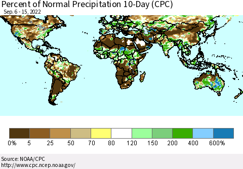 World Percent of Normal Precipitation 10-Day (CPC) Thematic Map For 9/6/2022 - 9/15/2022