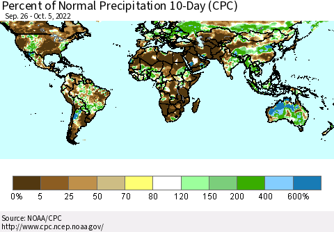 World Percent of Normal Precipitation 10-Day (CPC) Thematic Map For 9/26/2022 - 10/5/2022