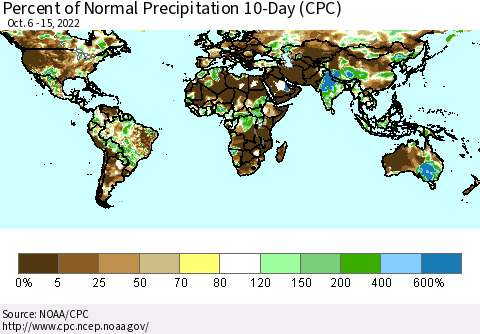 World Percent of Normal Precipitation 10-Day (CPC) Thematic Map For 10/6/2022 - 10/15/2022