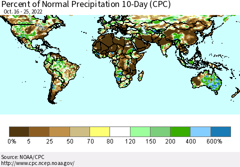 World Percent of Normal Precipitation 10-Day (CPC) Thematic Map For 10/16/2022 - 10/25/2022