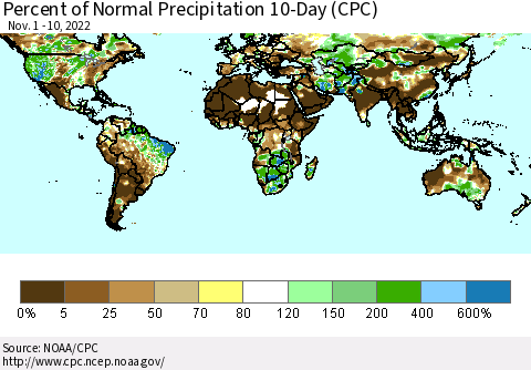 World Percent of Normal Precipitation 10-Day (CPC) Thematic Map For 11/1/2022 - 11/10/2022