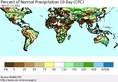 World Percent of Normal Precipitation 10-Day (CPC) Thematic Map For 11/6/2022 - 11/15/2022