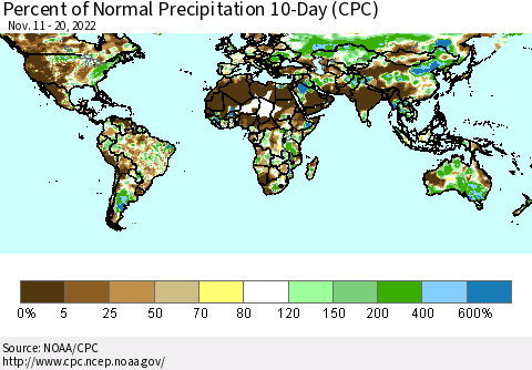 World Percent of Normal Precipitation 10-Day (CPC) Thematic Map For 11/11/2022 - 11/20/2022