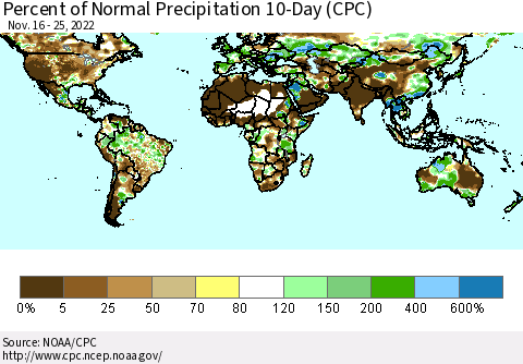 World Percent of Normal Precipitation 10-Day (CPC) Thematic Map For 11/16/2022 - 11/25/2022