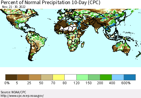 World Percent of Normal Precipitation 10-Day (CPC) Thematic Map For 11/21/2022 - 11/30/2022
