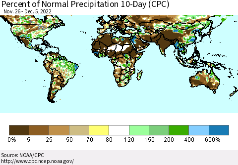 World Percent of Normal Precipitation 10-Day (CPC) Thematic Map For 11/26/2022 - 12/5/2022
