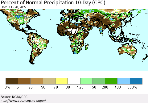 World Percent of Normal Precipitation 10-Day (CPC) Thematic Map For 12/11/2022 - 12/20/2022