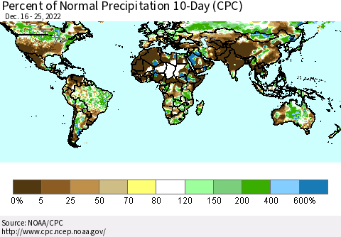World Percent of Normal Precipitation 10-Day (CPC) Thematic Map For 12/16/2022 - 12/25/2022