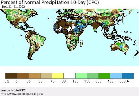 World Percent of Normal Precipitation 10-Day (CPC) Thematic Map For 12/21/2022 - 12/31/2022
