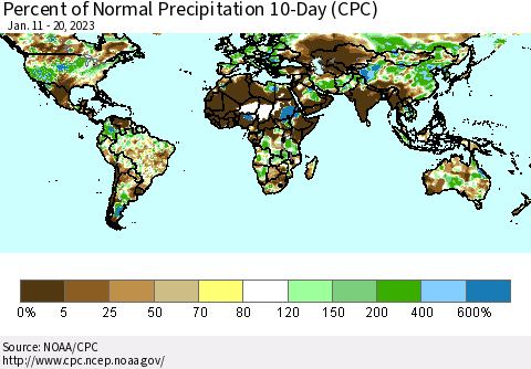World Percent of Normal Precipitation 10-Day (CPC) Thematic Map For 1/11/2023 - 1/20/2023