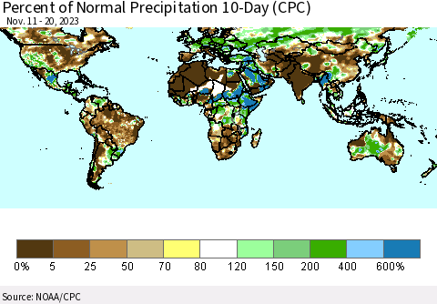 World Percent of Normal Precipitation 10-Day (CPC) Thematic Map For 11/11/2023 - 11/20/2023