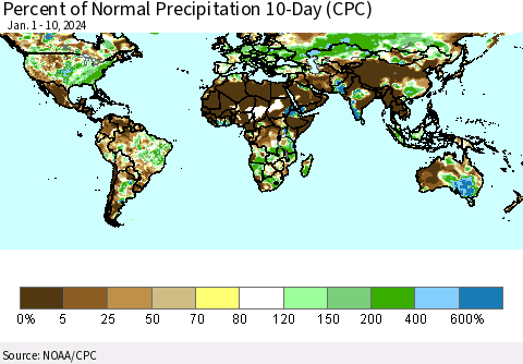 World Percent of Normal Precipitation 10-Day (CPC) Thematic Map For 1/1/2024 - 1/10/2024