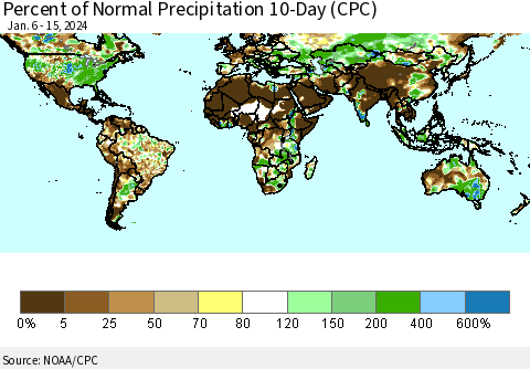 World Percent of Normal Precipitation 10-Day (CPC) Thematic Map For 1/6/2024 - 1/15/2024