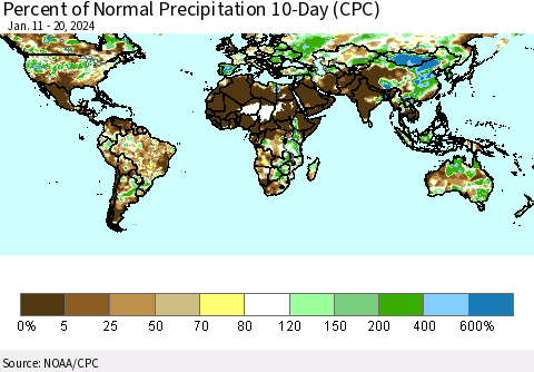 World Percent of Normal Precipitation 10-Day (CPC) Thematic Map For 1/11/2024 - 1/20/2024