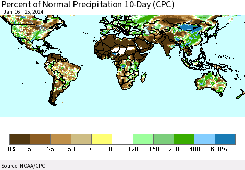 World Percent of Normal Precipitation 10-Day (CPC) Thematic Map For 1/16/2024 - 1/25/2024