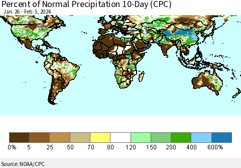 World Percent of Normal Precipitation 10-Day (CPC) Thematic Map For 1/26/2024 - 2/5/2024