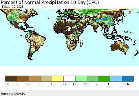 World Percent of Normal Precipitation 10-Day (CPC) Thematic Map For 2/1/2024 - 2/10/2024