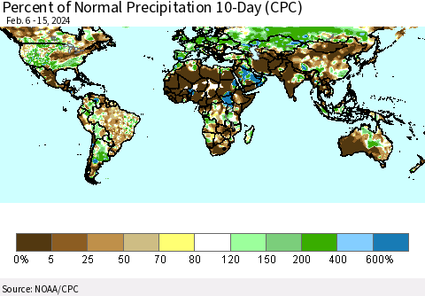 World Percent of Normal Precipitation 10-Day (CPC) Thematic Map For 2/6/2024 - 2/15/2024