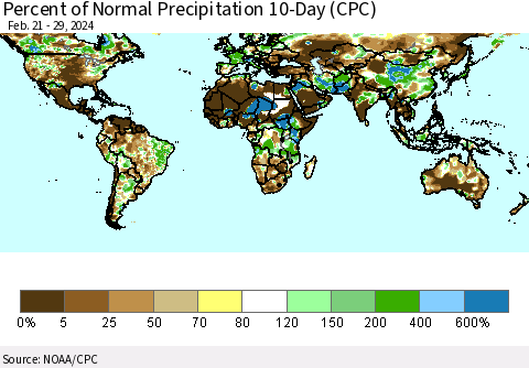 World Percent of Normal Precipitation 10-Day (CPC) Thematic Map For 2/21/2024 - 2/29/2024