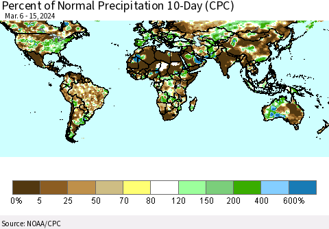 World Percent of Normal Precipitation 10-Day (CPC) Thematic Map For 3/6/2024 - 3/15/2024